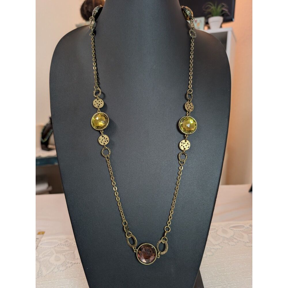 Vintage Antiqued Brass Station Necklace Olive Green & Smokey Topaz Glass